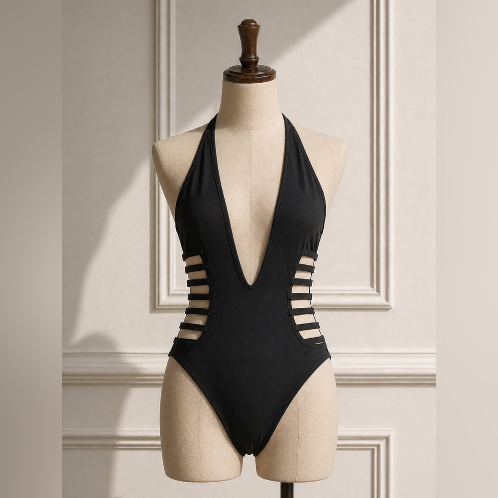 Plunge Halter Black One-Piece Swimsuit with Side Ladder Cutouts